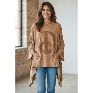 Easel Tan Peace Sign Boho Tunic